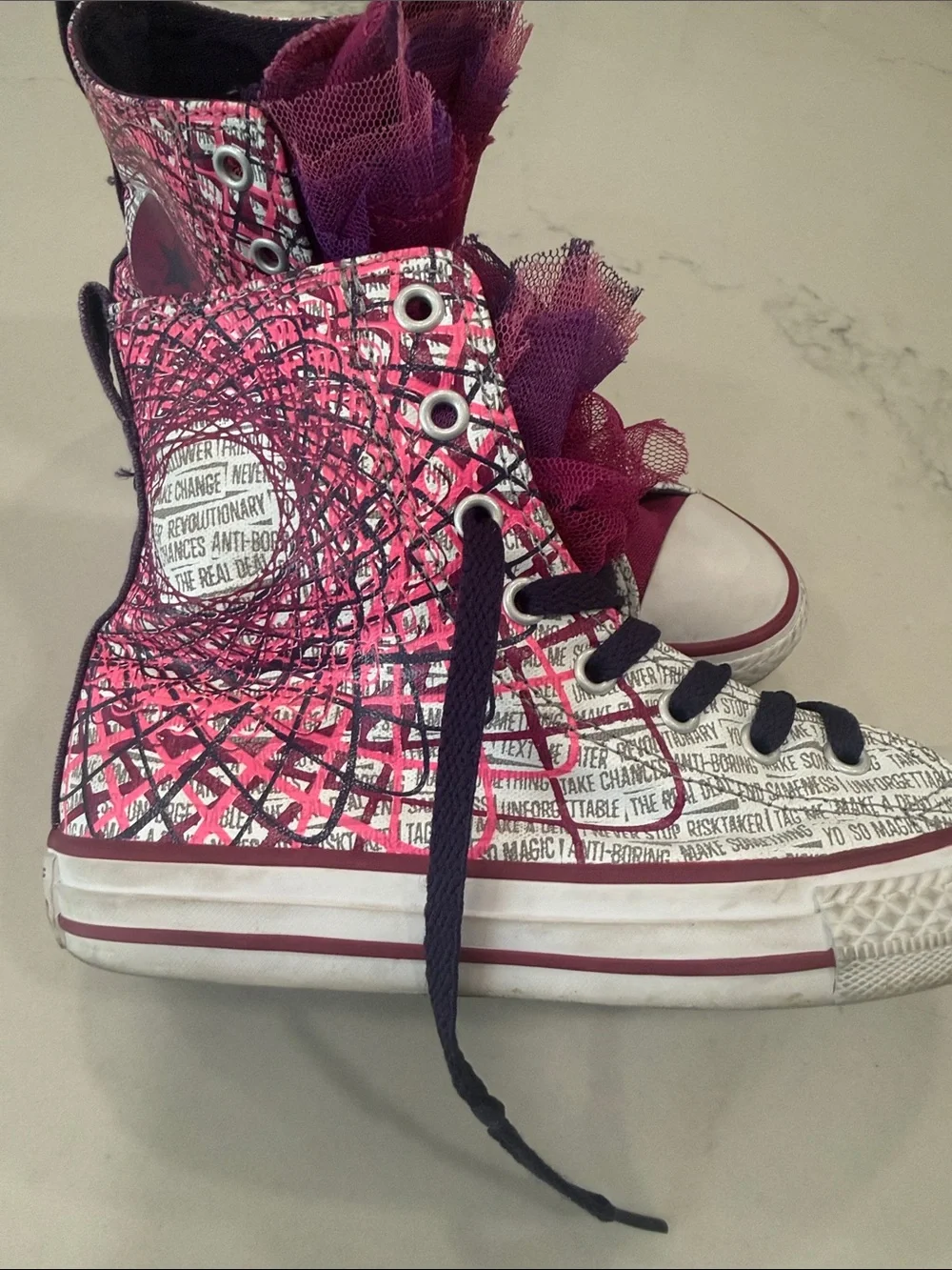 Converse Girls' Magenta and Purple High-Top Converse Sneakers with Tulle Accents